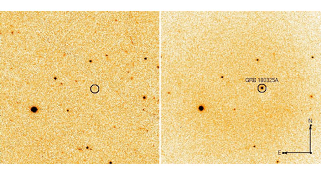Opdagelsen af eftergløden. Til venstre ses et billede fra det såkaldte Pan-STARRS teleskop på Hawaii taget inden eksplosionen. Til højre ses et billede af den samme del af himlen taget med det Nordisk Optiske Teleskop få minutter efter at eksplosionen blev registret af Swift satellitten. 