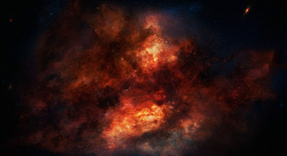 Kunstnerisk fortolkning af en støvindhyllet, stjernedannende galakse. (ESO/M. Kornmesser)
