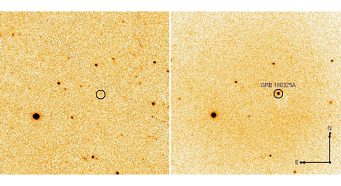 The discovery of the afterglow. To the left is an image from the so-called Pan-STARRS telescope in Hawaii taken before the explosion. To the right is an image of the same part of the sky taken with the Nordic Optical Telescope a few minutes after the explosion was registered by the Swift satellite. The discovery of the afterglow. To the left is an image from the so-called Pan-STARRS telescope in Hawaii taken before the explosion. To the right is an image of the same part of the sky taken with the Nordic Optical Telescope a few minutes after the explosion was registered by the Swift satellite.