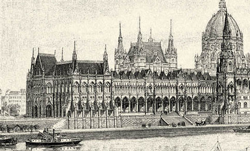 Parlamentsbygningen i Budapest tegnet omkring år 1900.