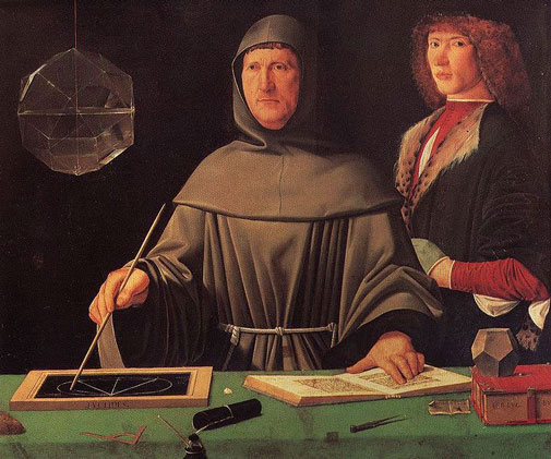 Luca Pacioli (forrest) ses her med en elev. Portrættet er af Jacobo de' Barberi fra omkring 1496.