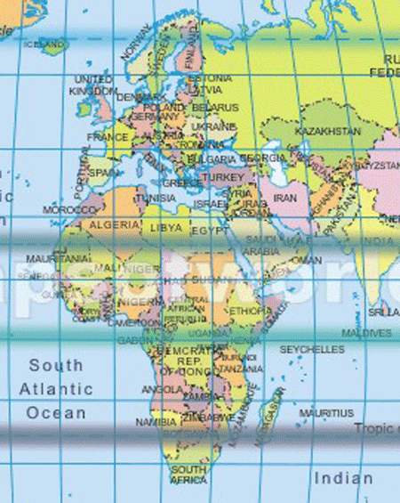 Kort over Jorden, skåret ud til at vise Afrika og Europa