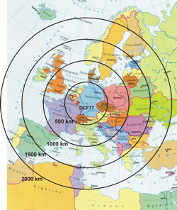 Europakort med markerede afstandscirkler fra Frankfurt, som har afstand 500, 1000, 1500, 2000 km.