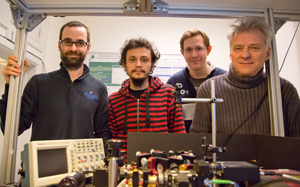 Research Assistant Professor Albert Schliesser, PhD students Tolga Bagci and Anders Simonsen and Professor Eugene Polzik