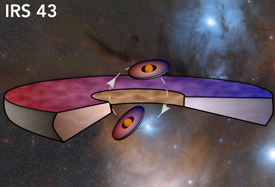 A graphic illustration of the IRS 43 system showing the relative positions of the planet-forming discs