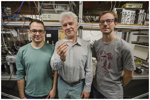 PhD student Tulio Brasil, postdoctoral fellow Michael Zugenmaier and Professor Eugene Polzik