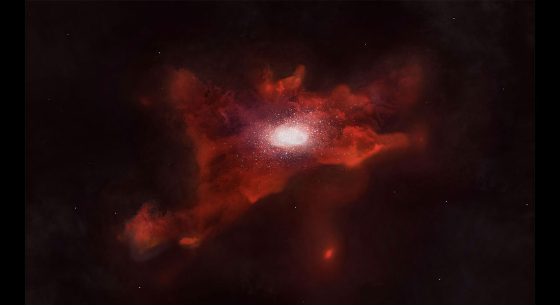 Kunstnerisk fremstilling af en ung galakse omkranset af en enorm kulstofsky. Credit: NAOJ