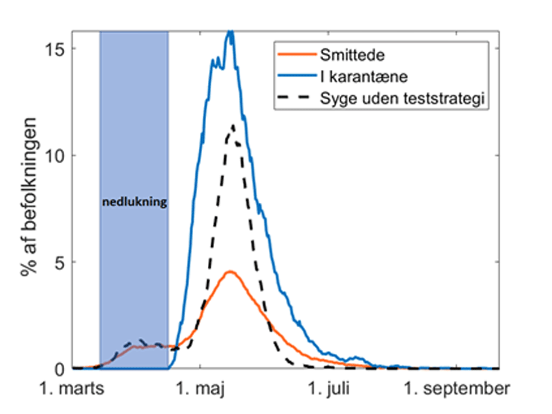 Sammenligning mellem et scenario med både en nedlukningsperiode, test og kontaktopsporing og et scenario uden test og kontaktopsporing. 