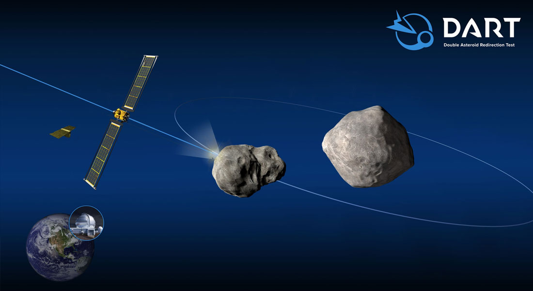Kunstnerens koncept for Double Asteroid Redirection Test (DART) missionen - NASAs første mission til at demonstrere en planetarisk forsvarsteknik - som vil påvirke den lille måne i det binære asteroidesystem Didymos.