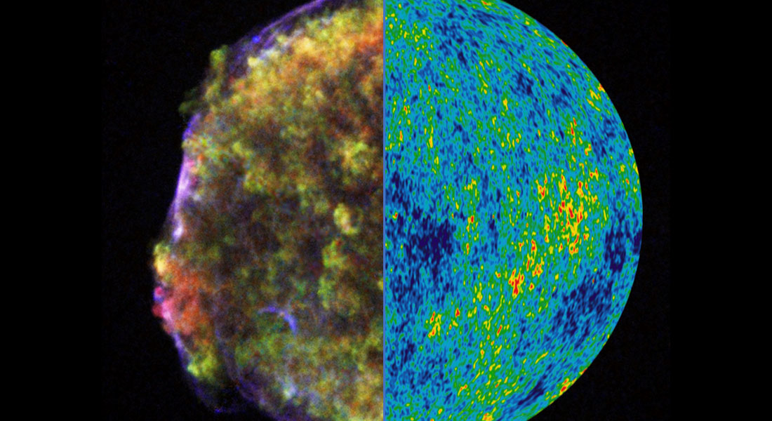 Illustration af de to metoder til at måle Universets udvidelse:Til venstre ses ekspanderende rest af den supernova, som Tycho Brahe opdagede i 1572, her observeret i røntgenstråler (kredit: NASA/CXC/Rutgers/J.Warren & J.Hughes et al.). Til højre ses et kort over den kosmiske baggrundsstråling fra den ene halvdel af himlen, observeret i mikrobølger (kredit: NASA/WMAP Science 