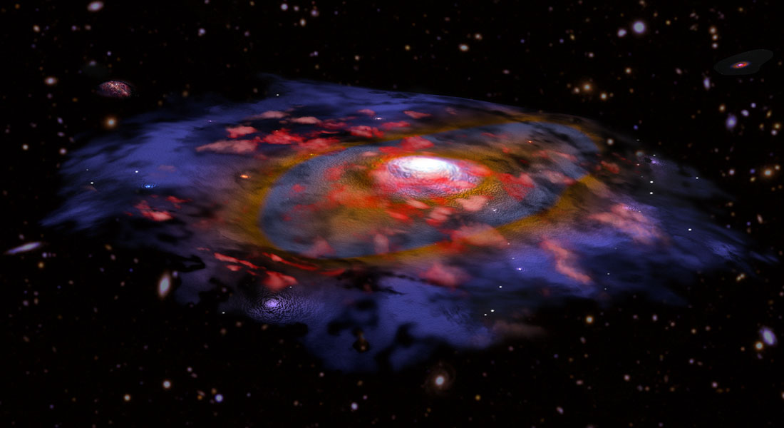 Artist's illustration of a dusty, rotating distant galaxy Artist's illustration of a dusty, rotating distant galaxy