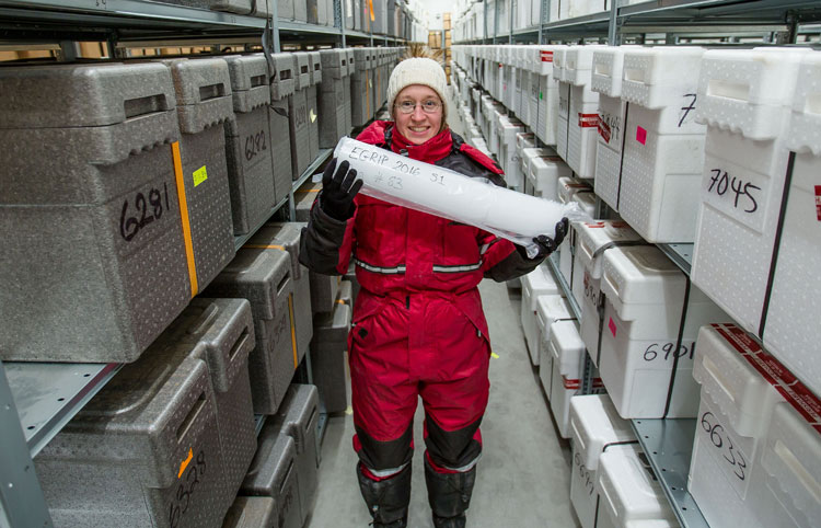 Iben with an ice core in the new ice core freezerThe collection holds ice from the inland ice sheet, Renland glacier, Hans Tausen ice sheet, Flade Isblink og Disko in Greenland, from Vostok, Dome C, Byrd, the South Pole, EDML, Roosewelt Island and  Siple Station in Antarctica, as well as ice from Iceland, Chile og Slovakia.