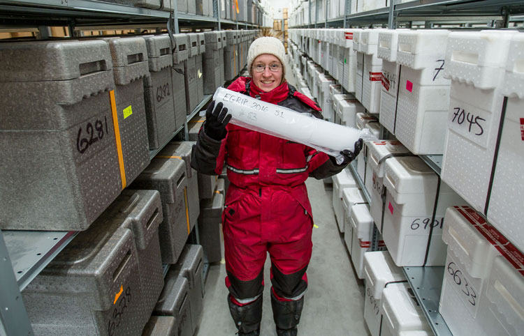 Iben with an ice core ind the new ice core freezer