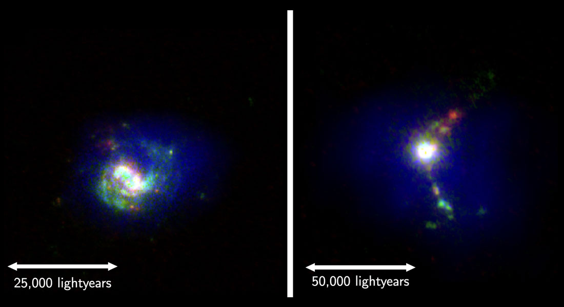Two galaxies from the LARS sample, here observed through filters that enhance specific physical processes