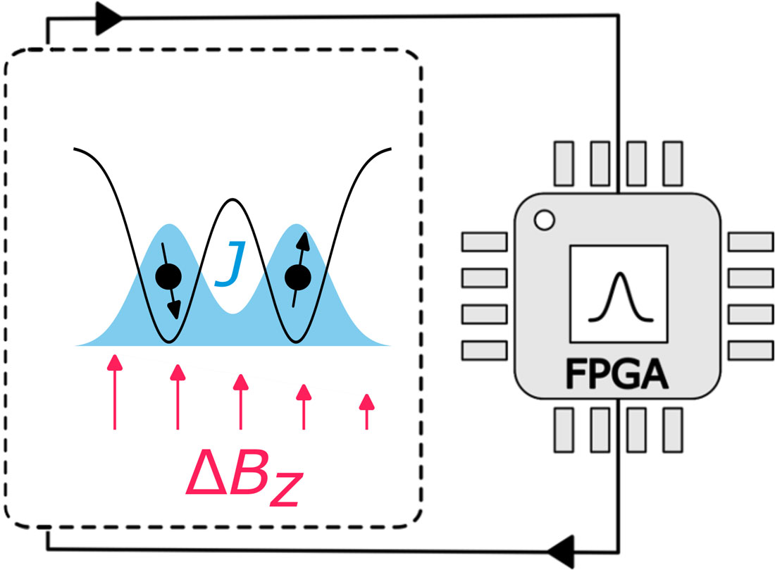 A qubit is the advanced quantum computing equivalent to a bit. The project’s qubit consists of two electrons trapped in a crystal. The spin of the electrons (here one has downward spin, the other upward) can be controlled by changing the magnetic field gradient ΔBz. However, both magnetic and electrical noise affect this gradient. A FPGA (Field-Programable Gate Array) microprocessor continuously measures the level of noise and adjusts to changes in real-time.