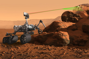 Artist's rendering of the SuperCam instrument at work on a rover on Mars. 