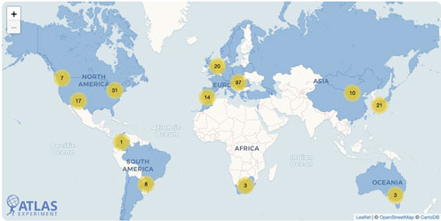 World map displaying the amount and location of institutions that is part of the ATLAS experiment