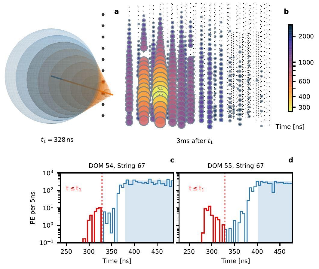 Visualizations of IceCube data for the Glashow event, adapted from the Nature paper.