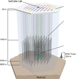 Illustration af IceCube-eksperimentet samt en sammenligning i størrelse til Eiffeltårnet (324 m højt)