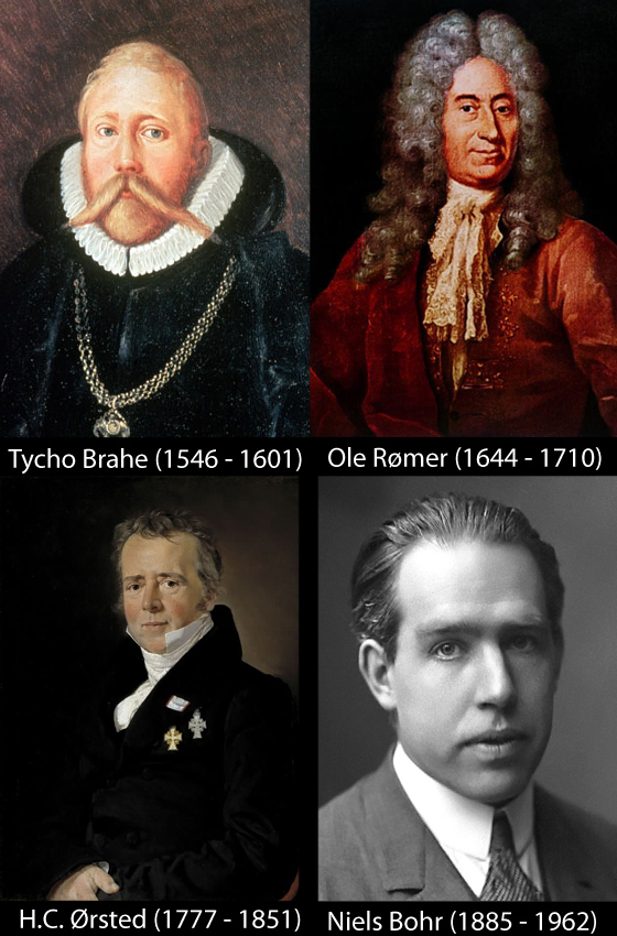 Tycho Brahe, Ole Rømer, H.C. Ørsted og Niels Bohr