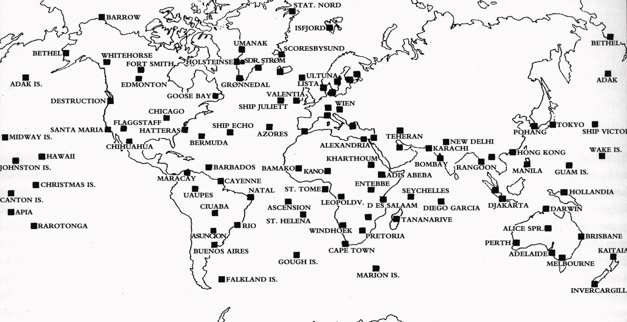 The global IAEA network in 1962 on a world map