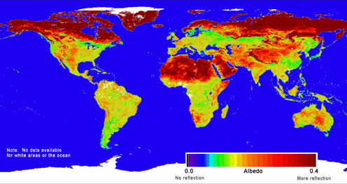Verdenskort farvebelagt efter albedo 