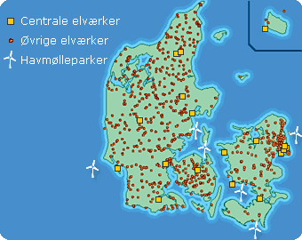 Elværker og havmølleparker vist på danmarkskort 