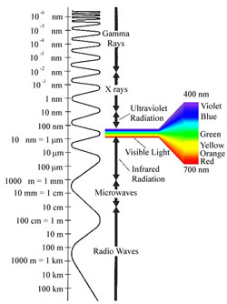 Eleketromagnetisk spektrum inddelt i kategorier efter bølgelængde