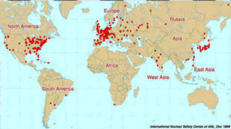 Atomkraftværker vist på verdenskort