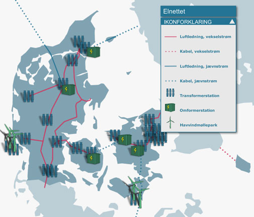 Det danske elnet vist på kort