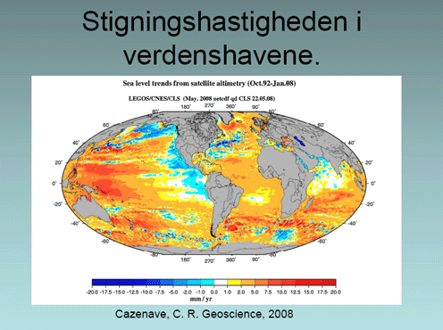 Stigningsshastigheden for verdenshavene vist på jordklode