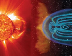 Kunstnerisk fremstilling af solvindens interaktion med Jordens magnetfelt
